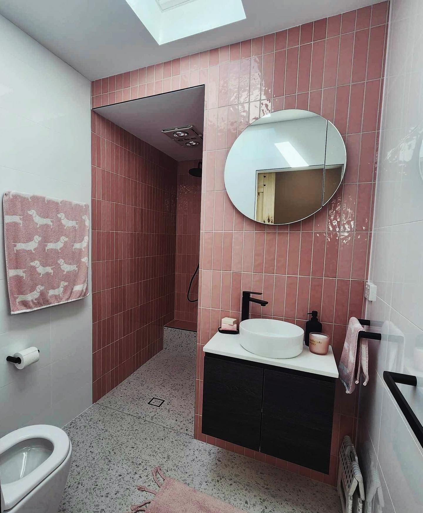 Pink-tiled ensuite under a VELUX skylight